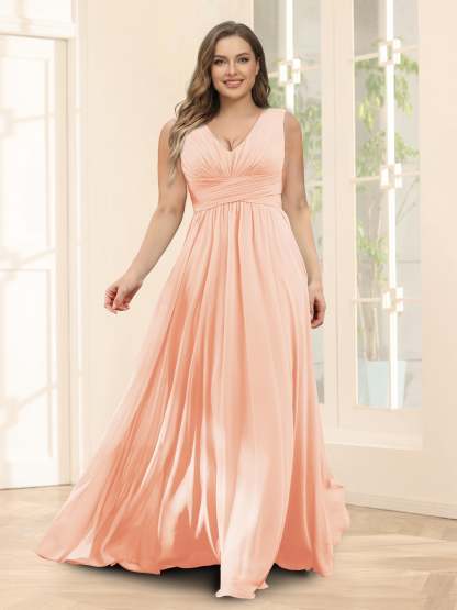 A-Line V-Neck Sleeveless Chiffon Plus Size Bridesmaid Dresses With Pockets