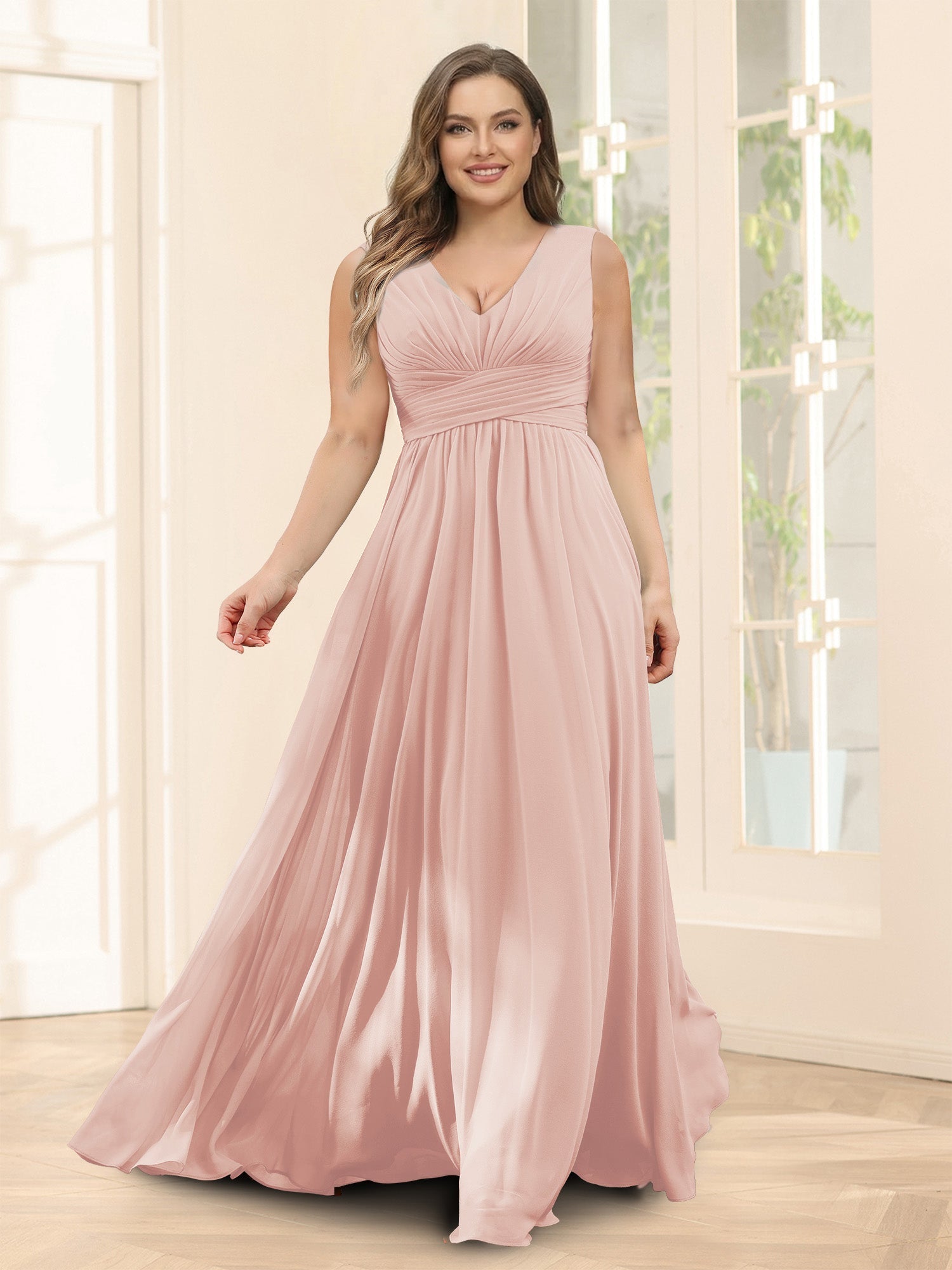 A-Line V-Neck Sleeveless Chiffon Plus Size Bridesmaid Dresses With Pockets