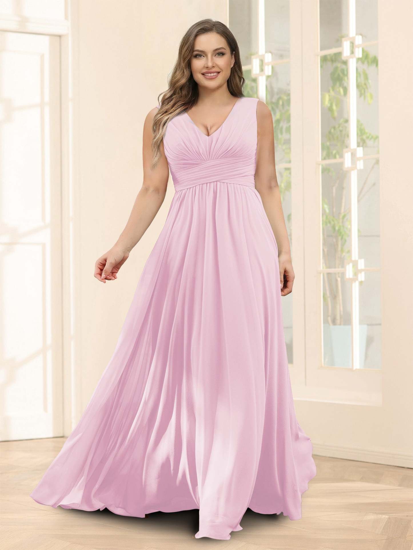 A-Line V-Neck Sleeveless Chiffon Plus Size Bridesmaid Dresses With Pockets