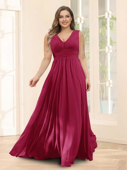 A-Line V-Neck Sleeveless Chiffon Plus Size Bridesmaid Dresses With Pockets