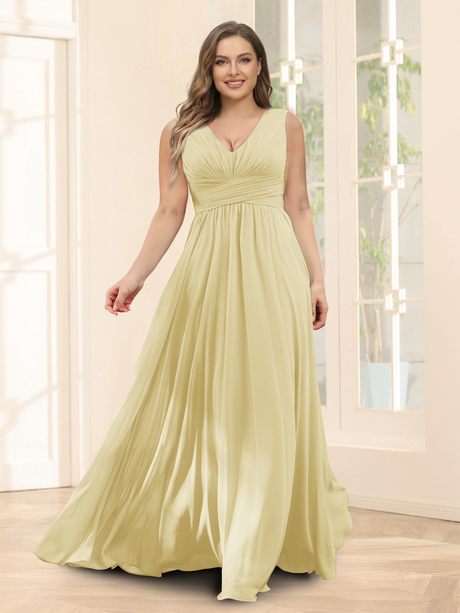A-Line V-Neck Sleeveless Chiffon Plus Size Bridesmaid Dresses With Pockets
