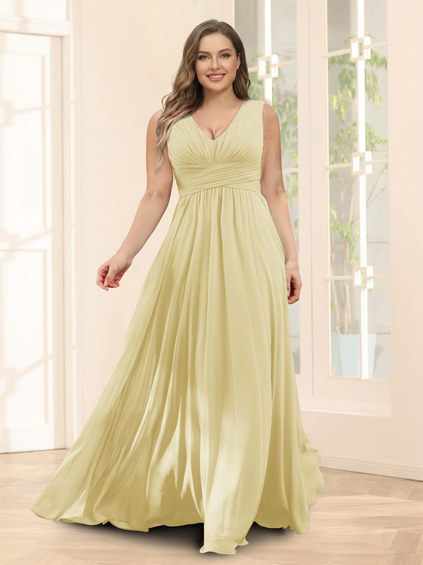 A-Line V-Neck Sleeveless Chiffon Plus Size Bridesmaid Dresses With Pockets
