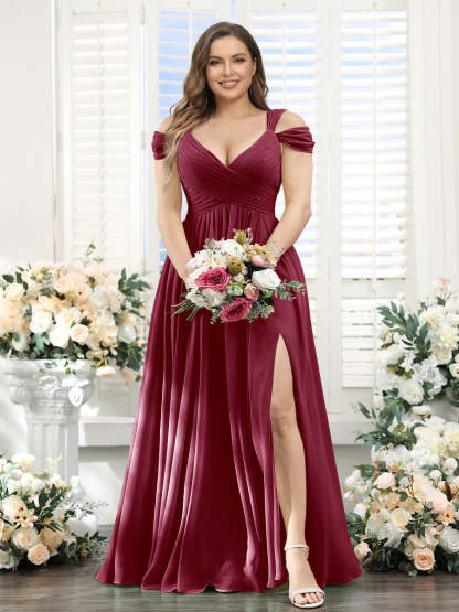 A-Line V-Neck Split Side Ruched Floor-Length Chiffon Plus Size Bridesmaid Dresses