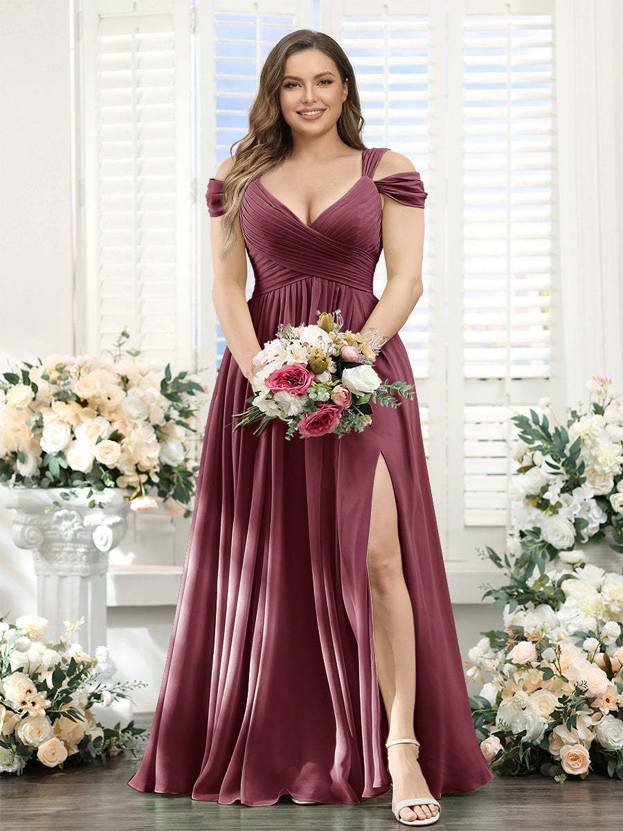 A-Line V-Neck Split Side Ruched Floor-Length Chiffon Plus Size Bridesmaid Dresses