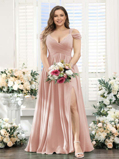 A-Line V-Neck Split Side Ruched Floor-Length Chiffon Plus Size Bridesmaid Dresses