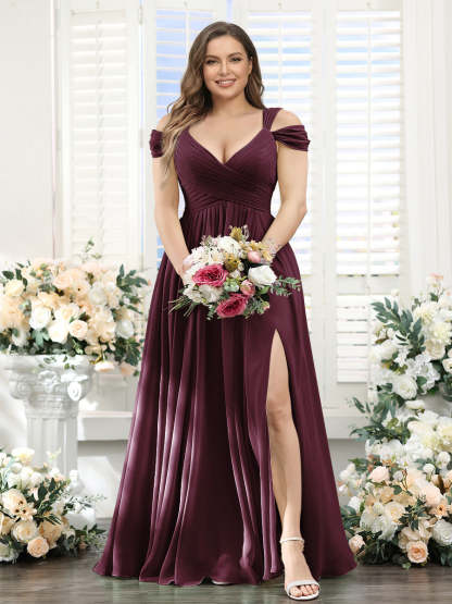 A-Line V-Neck Split Side Ruched Floor-Length Chiffon Plus Size Bridesmaid Dresses