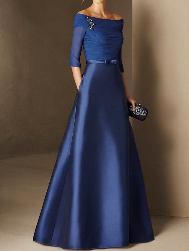 Short-Sleeve Off-the-Shoulder A-Line Mother of the Bride Dress with Belt Applique-BMbridal