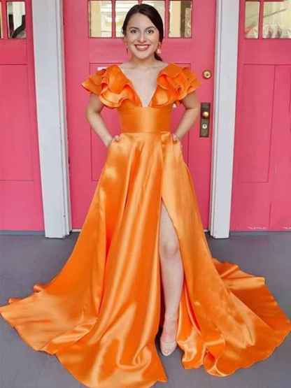 V-Neck Ruffle A-Line Long Prom Dress with Slit