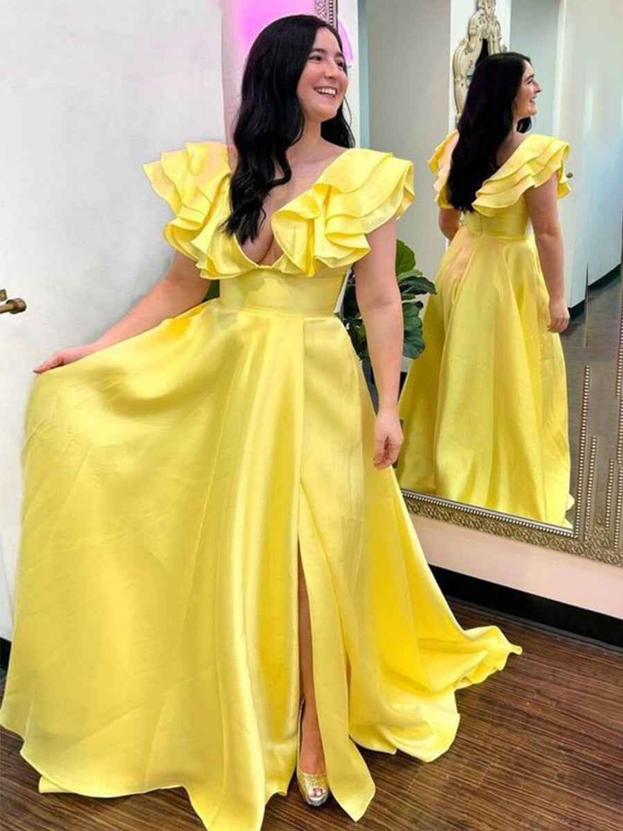 V-Neck Ruffle A-Line Long Prom Dress with Slit