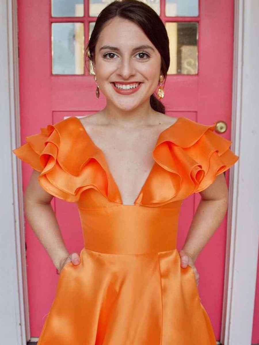 V-Neck Ruffle A-Line Long Prom Dress with Slit