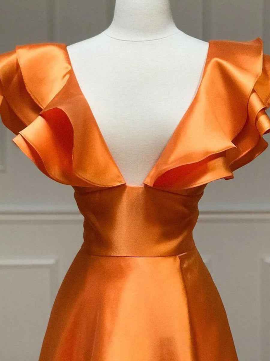 V-Neck Ruffle A-Line Long Prom Dress with Slit