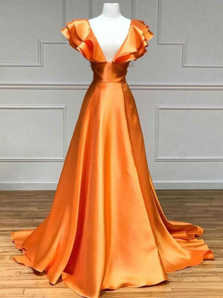 V-Neck Ruffle A-Line Long Prom Dress with Slit