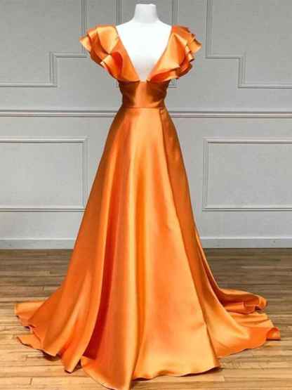 V-Neck Ruffle A-Line Long Prom Dress with Slit