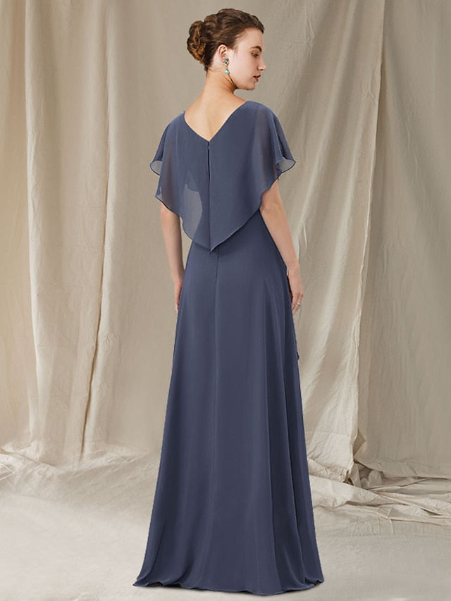 V-Neck A-Line Princess Asymmetrical Mother of the Bride Gown-BMbridal