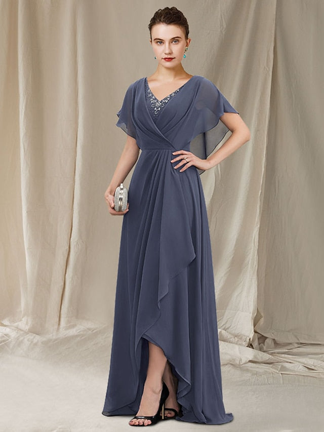V-Neck A-Line Princess Asymmetrical Mother of the Bride Gown-BMbridal