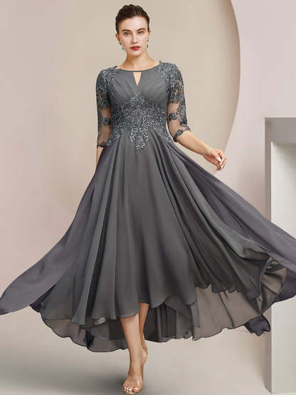 Scoop Neck Tea-Length A-Line Mother of the Bride Princess Dress