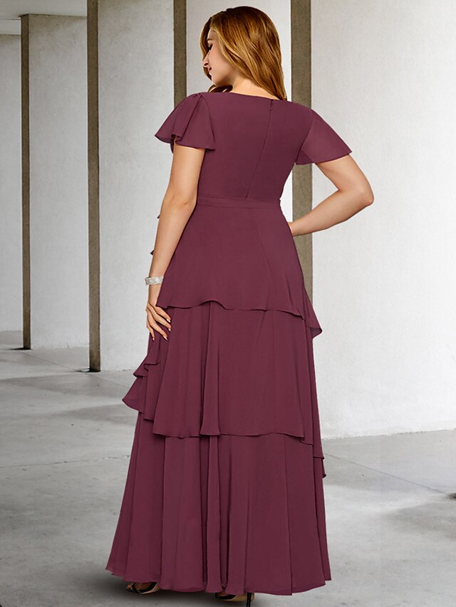 Plus Size V-Neck A-Line Princess Floor-Length Mother of the Bride Dress with Ruffles and Short Sleeves-BMbridal