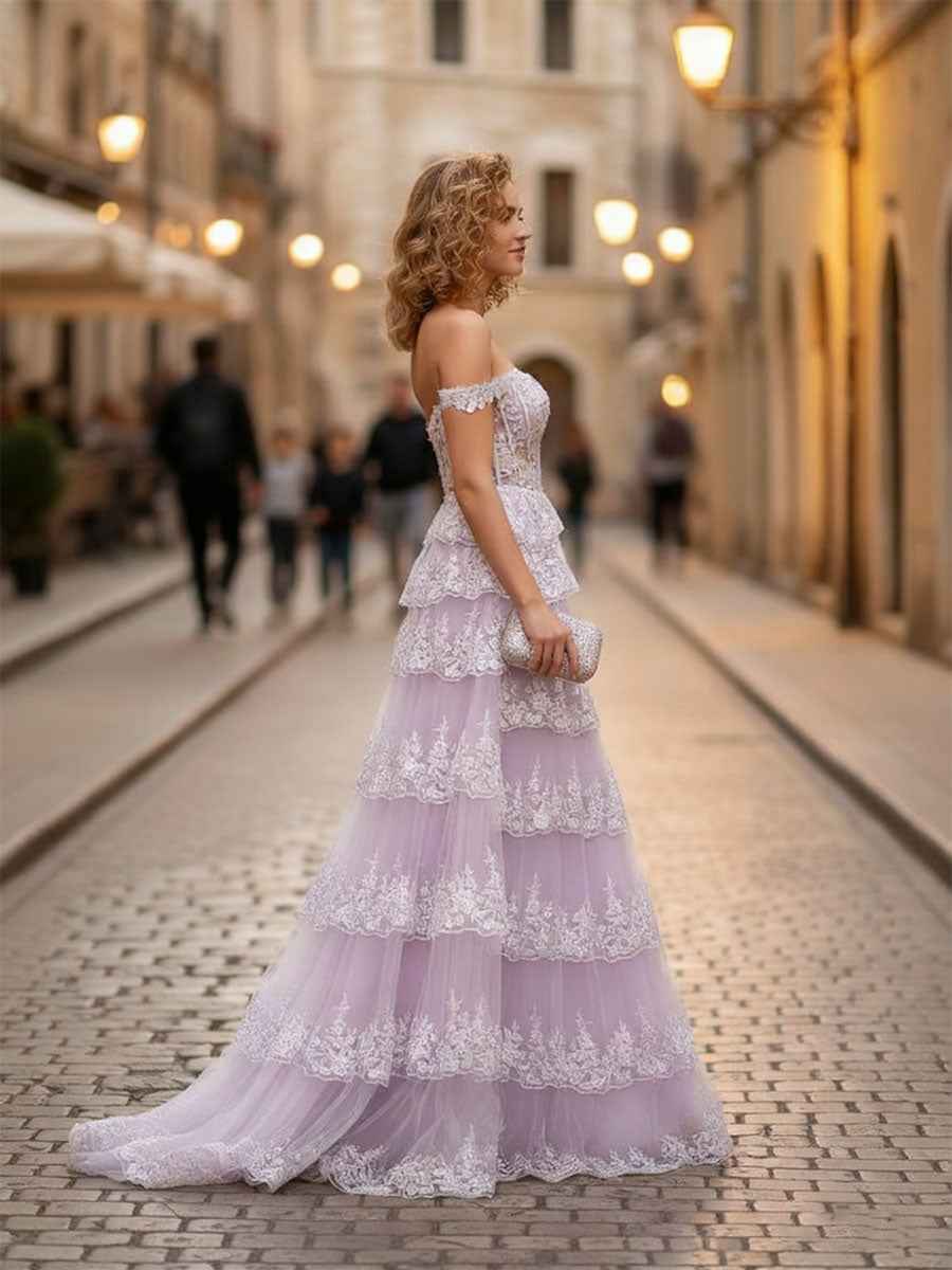 A-Line Off The Shoulder Appliques LaceTulle Corset Prom Dress with Slit