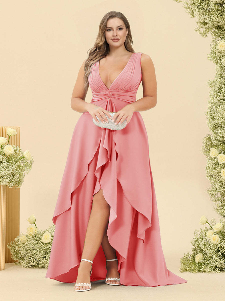A-Line/Princess Asymmetrical V-Neck Plus Size Bridesmaid Dresses With Ruffles
