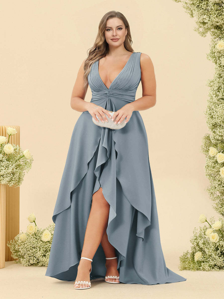 A-Line/Princess Asymmetrical V-Neck Plus Size Bridesmaid Dresses With Ruffles
