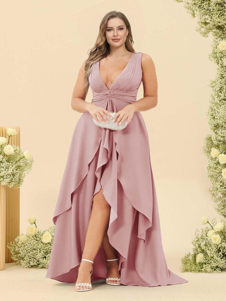 A-Line/Princess Asymmetrical V-Neck Plus Size Bridesmaid Dresses With Ruffles