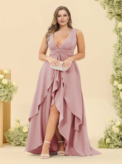 A-Line/Princess Asymmetrical V-Neck Plus Size Bridesmaid Dresses With Ruffles