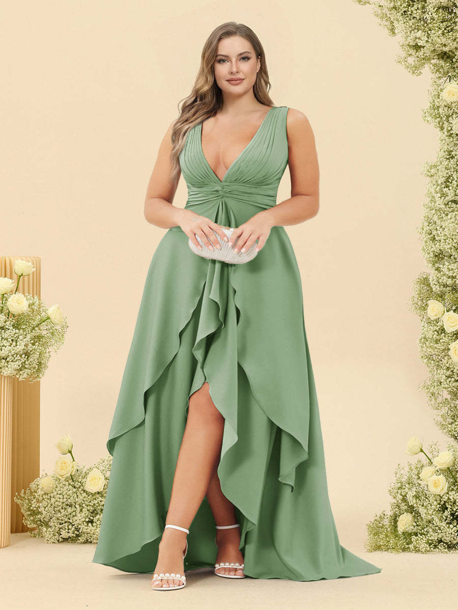 A-Line/Princess Asymmetrical V-Neck Plus Size Bridesmaid Dresses With Ruffles