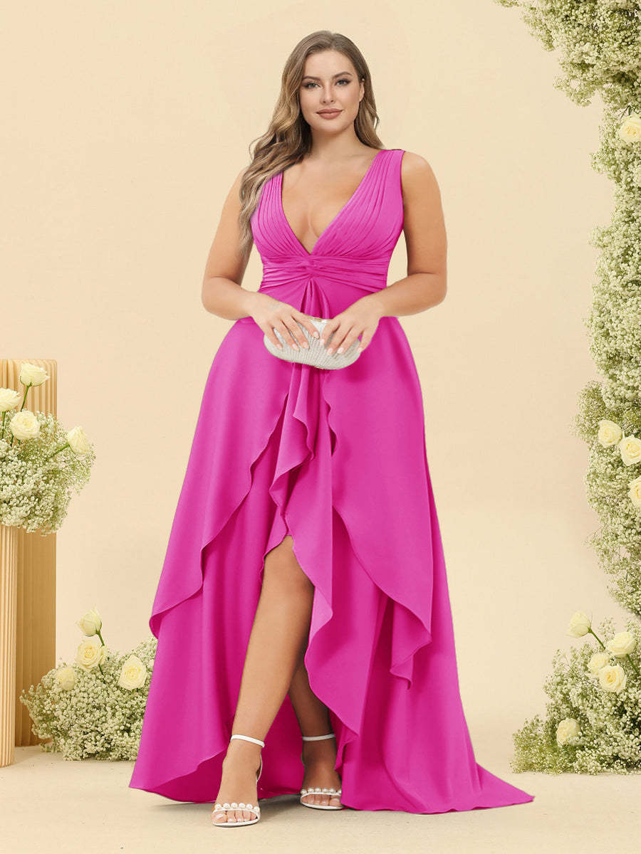 A-Line/Princess Asymmetrical V-Neck Plus Size Bridesmaid Dresses With Ruffles