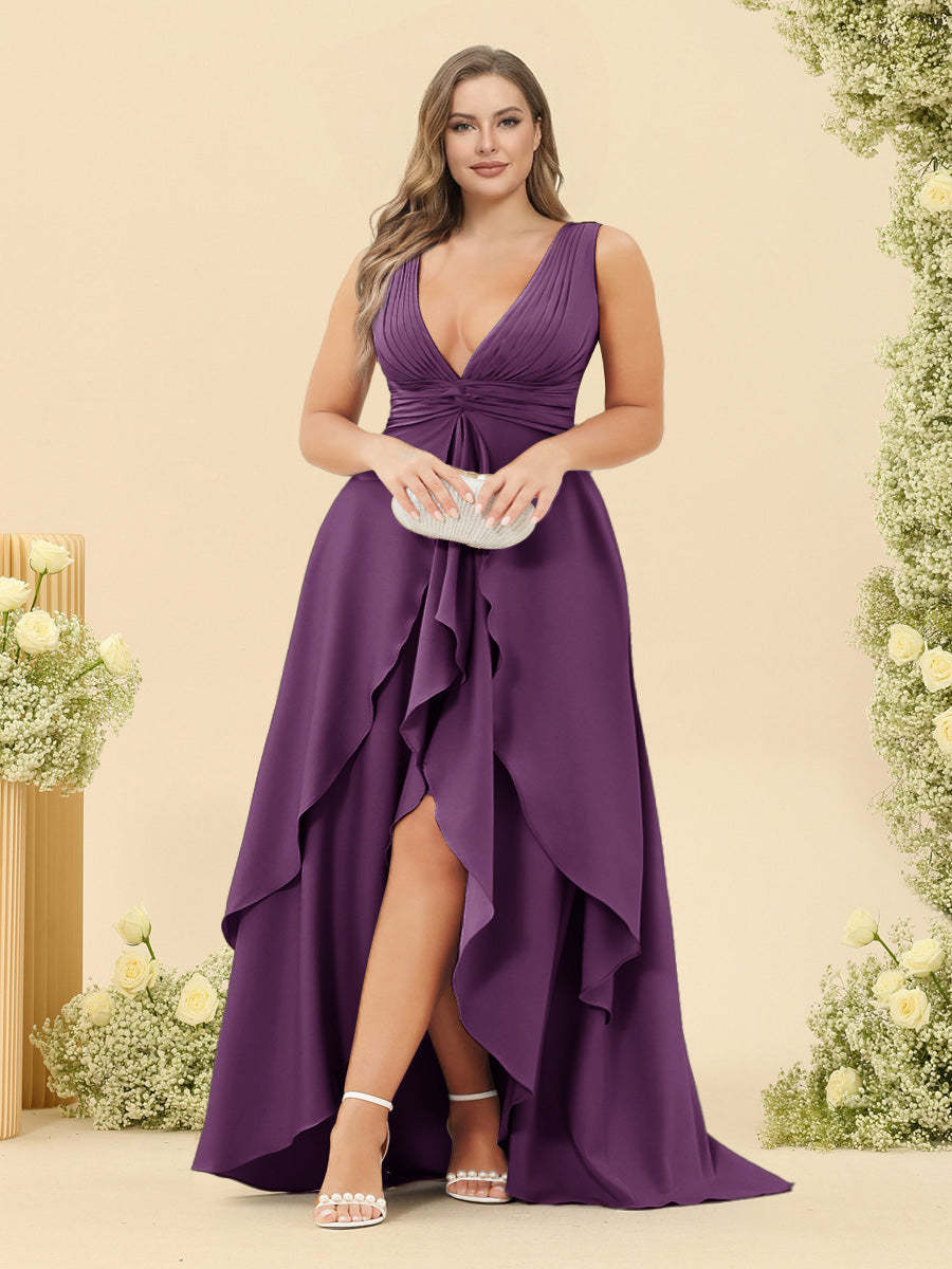 A-Line/Princess Asymmetrical V-Neck Plus Size Bridesmaid Dresses With Ruffles