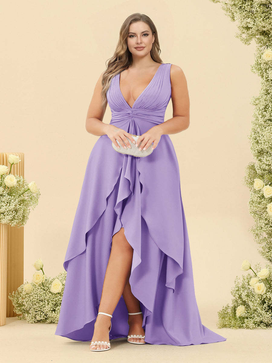 A-Line/Princess Asymmetrical V-Neck Plus Size Bridesmaid Dresses With Ruffles