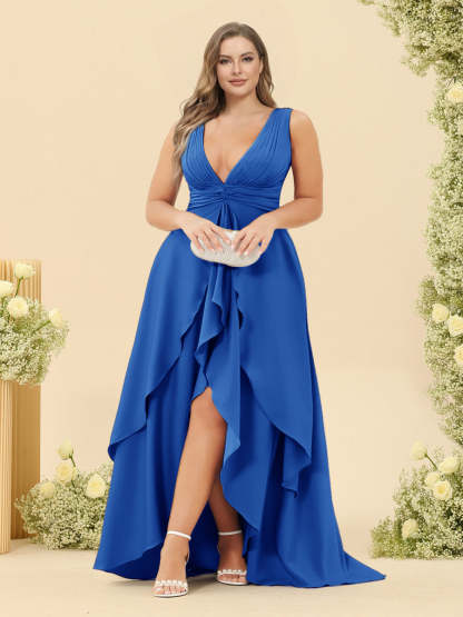 A-Line/Princess Asymmetrical V-Neck Plus Size Bridesmaid Dresses With Ruffles