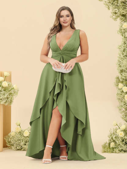 A-Line/Princess Asymmetrical V-Neck Plus Size Bridesmaid Dresses With Ruffles