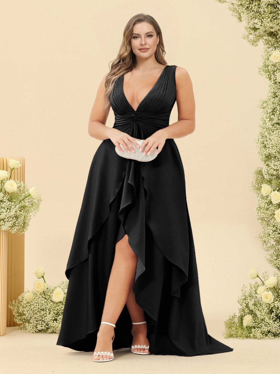 A-Line/Princess Asymmetrical V-Neck Plus Size Bridesmaid Dresses With Ruffles