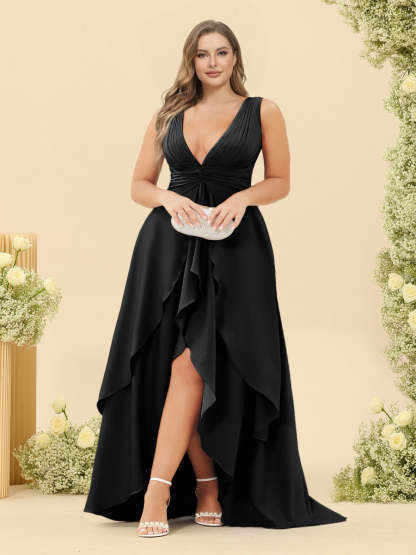 A-Line/Princess Asymmetrical V-Neck Plus Size Bridesmaid Dresses With Ruffles
