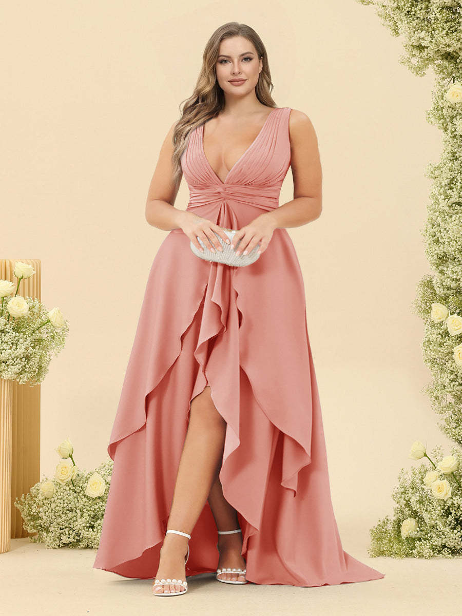 A-Line/Princess Asymmetrical V-Neck Plus Size Bridesmaid Dresses With Ruffles