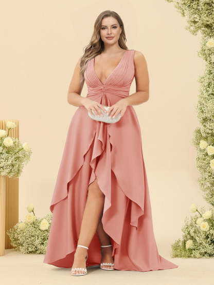 A-Line/Princess Asymmetrical V-Neck Plus Size Bridesmaid Dresses With Ruffles