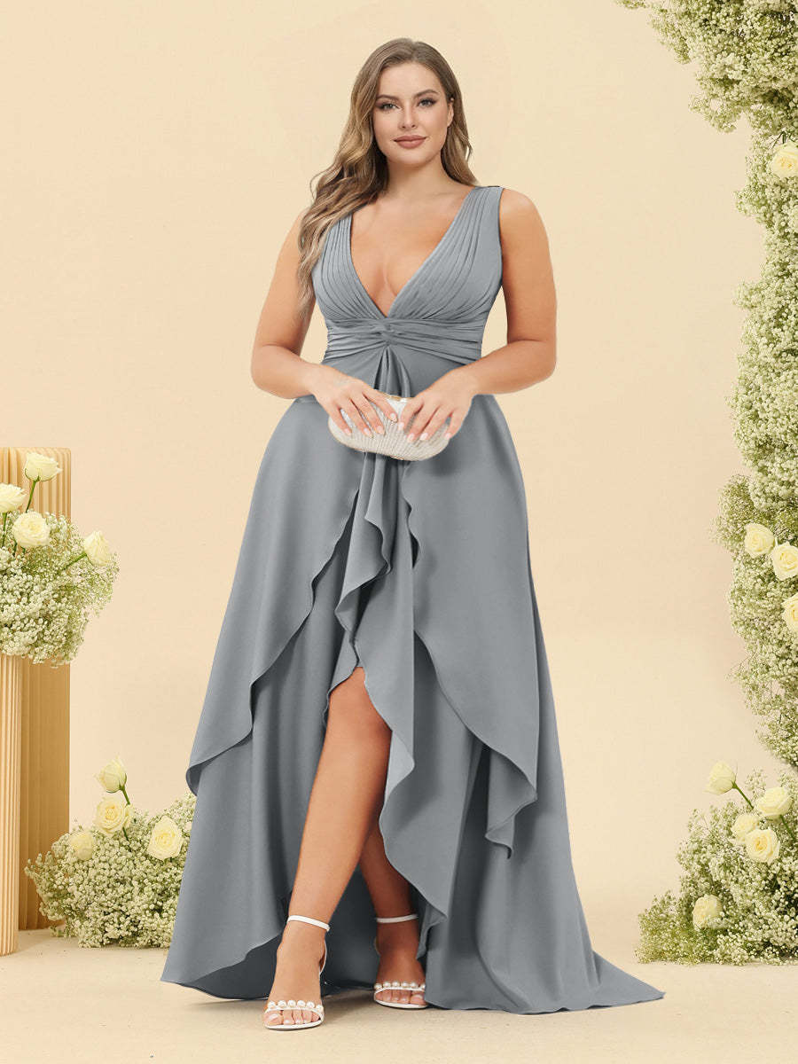 A-Line/Princess Asymmetrical V-Neck Plus Size Bridesmaid Dresses With Ruffles