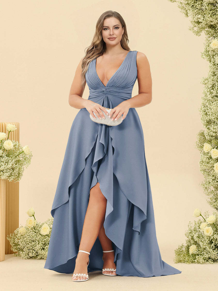 A-Line/Princess Asymmetrical V-Neck Plus Size Bridesmaid Dresses With Ruffles