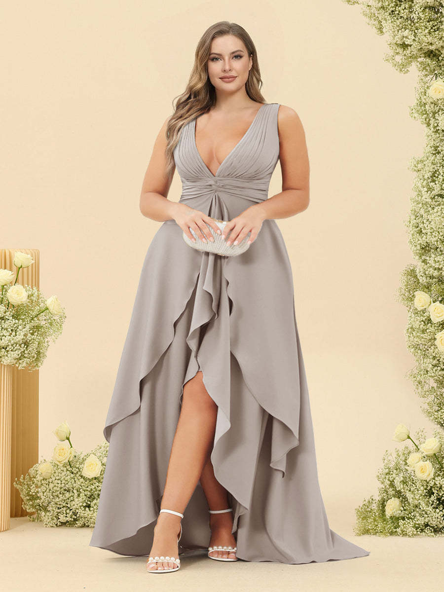 A-Line/Princess Asymmetrical V-Neck Plus Size Bridesmaid Dresses With Ruffles