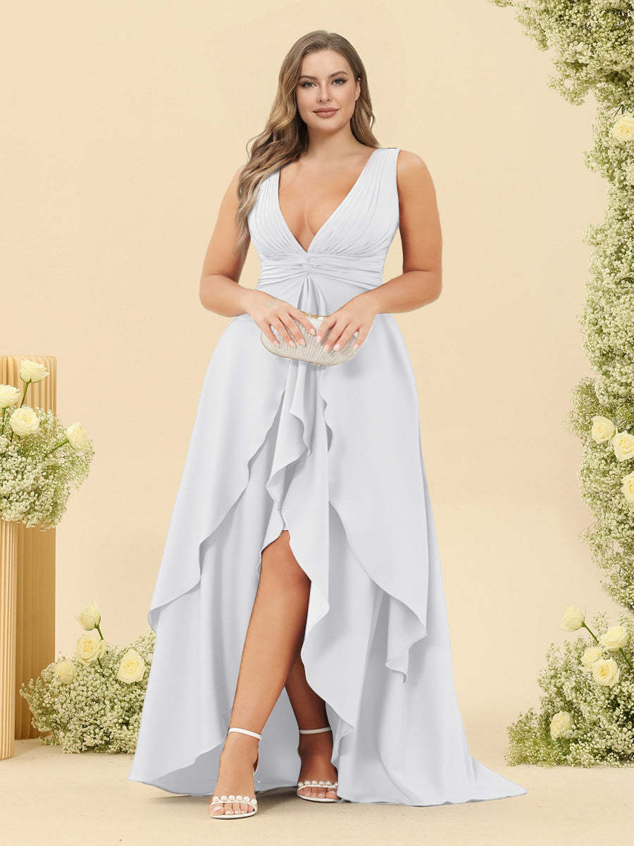 A-Line/Princess Asymmetrical V-Neck Plus Size Bridesmaid Dresses With Ruffles