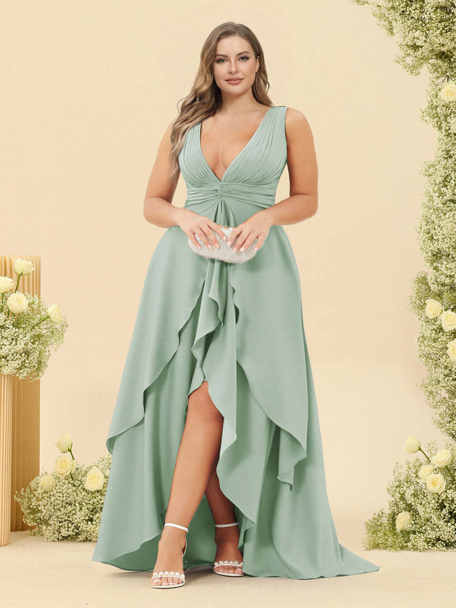 A-Line/Princess Asymmetrical V-Neck Plus Size Bridesmaid Dresses With Ruffles