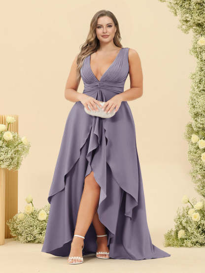A-Line/Princess Asymmetrical V-Neck Plus Size Bridesmaid Dresses With Ruffles