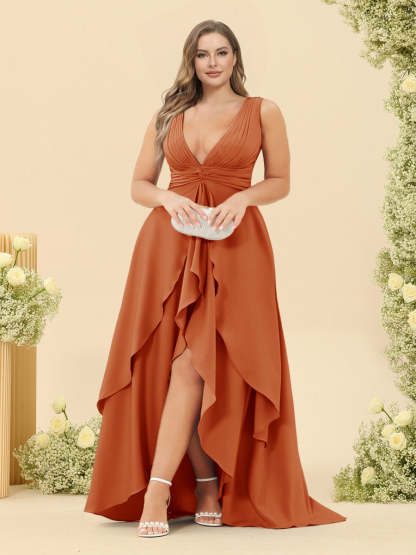 A-Line/Princess Asymmetrical V-Neck Plus Size Bridesmaid Dresses With Ruffles