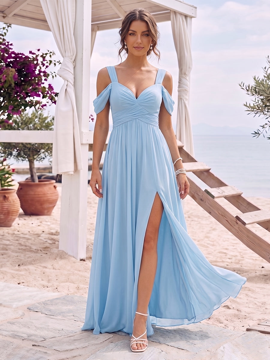 A-Line/Princess Cold Shoulder Short Sleeves Split Side Ruched Floor-Length Chiffon Bridesmaid Dresses