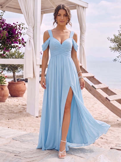 A-Line/Princess Cold Shoulder Short Sleeves Split Side Ruched Floor-Length Chiffon Bridesmaid Dresses