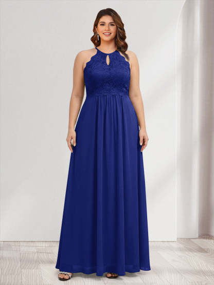 A-Line/Princess Crew Neck Keyhole Plus Size Bridesmaid Dresses with Lace