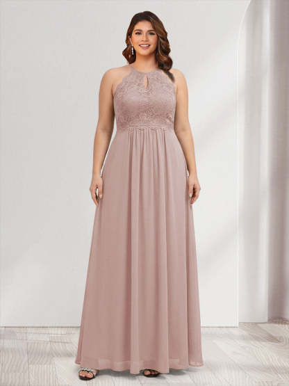A-Line/Princess Crew Neck Keyhole Plus Size Bridesmaid Dresses with Lace