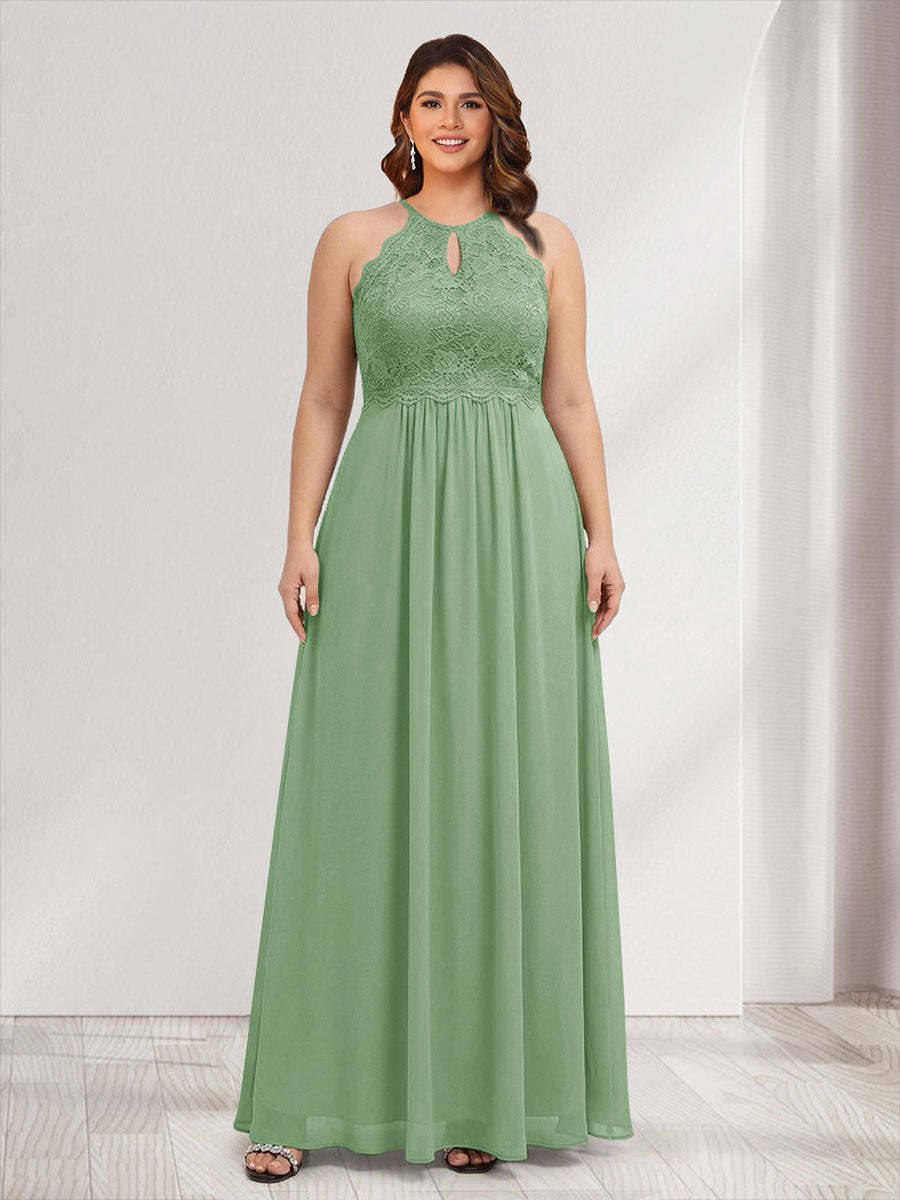 A-Line/Princess Crew Neck Keyhole Plus Size Bridesmaid Dresses with Lace