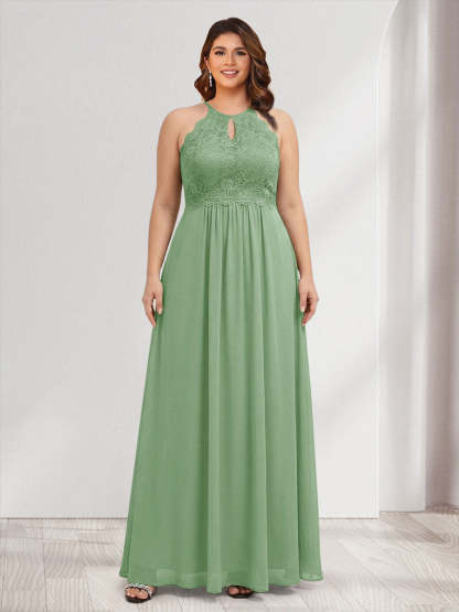 A-Line/Princess Crew Neck Keyhole Plus Size Bridesmaid Dresses with Lace