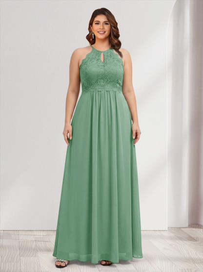 A-Line/Princess Crew Neck Keyhole Plus Size Bridesmaid Dresses with Lace
